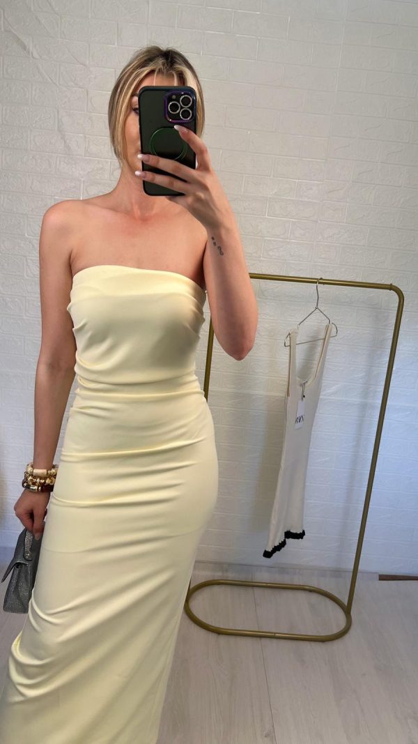 AURA STRAPLEZ SARI ELBİSE