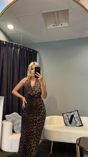 LEOPAR BOYUNDAN ASKILI ELBİSE